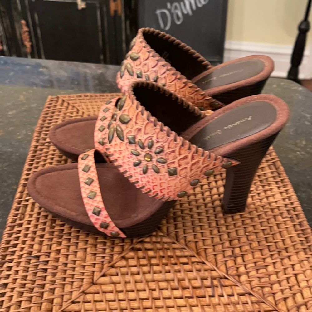 Amanda Smith Leather Embellished Stud Wood Heels